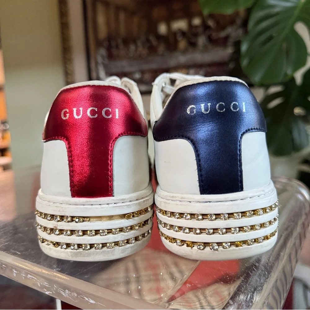 GUCCI Calfskin Crystal Web Bee Womens Ace Platform Sneakers 39 White - Picture 5 of 15